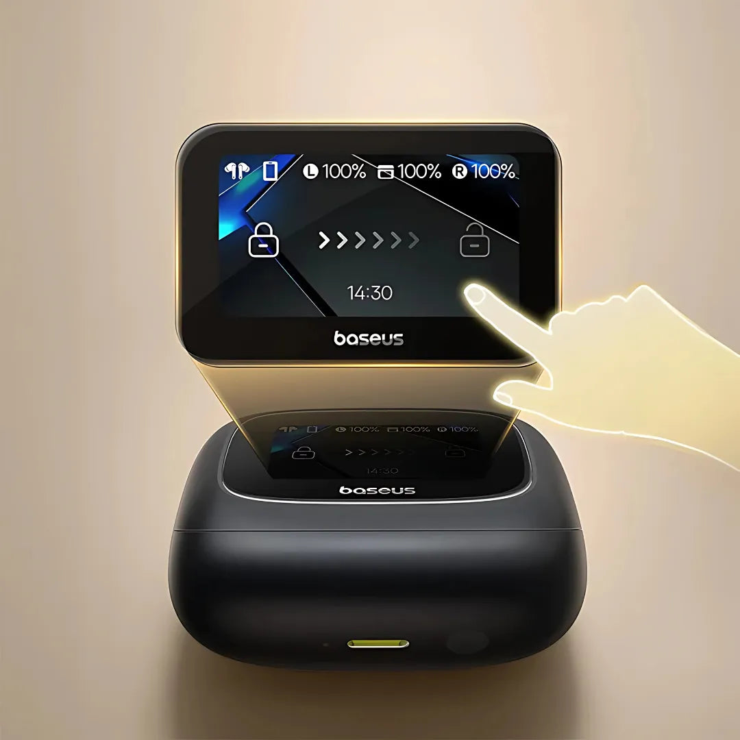 Fones Bluetooth Baseus Bowie M2s com ANC de 52dB, Tela Touch LCD e Áudio Espacial